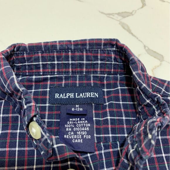 Ralph Lauren | Infant Boys Navy Plaid Button Down 100% Cotton Dress Shirt - Picture 5 of 15